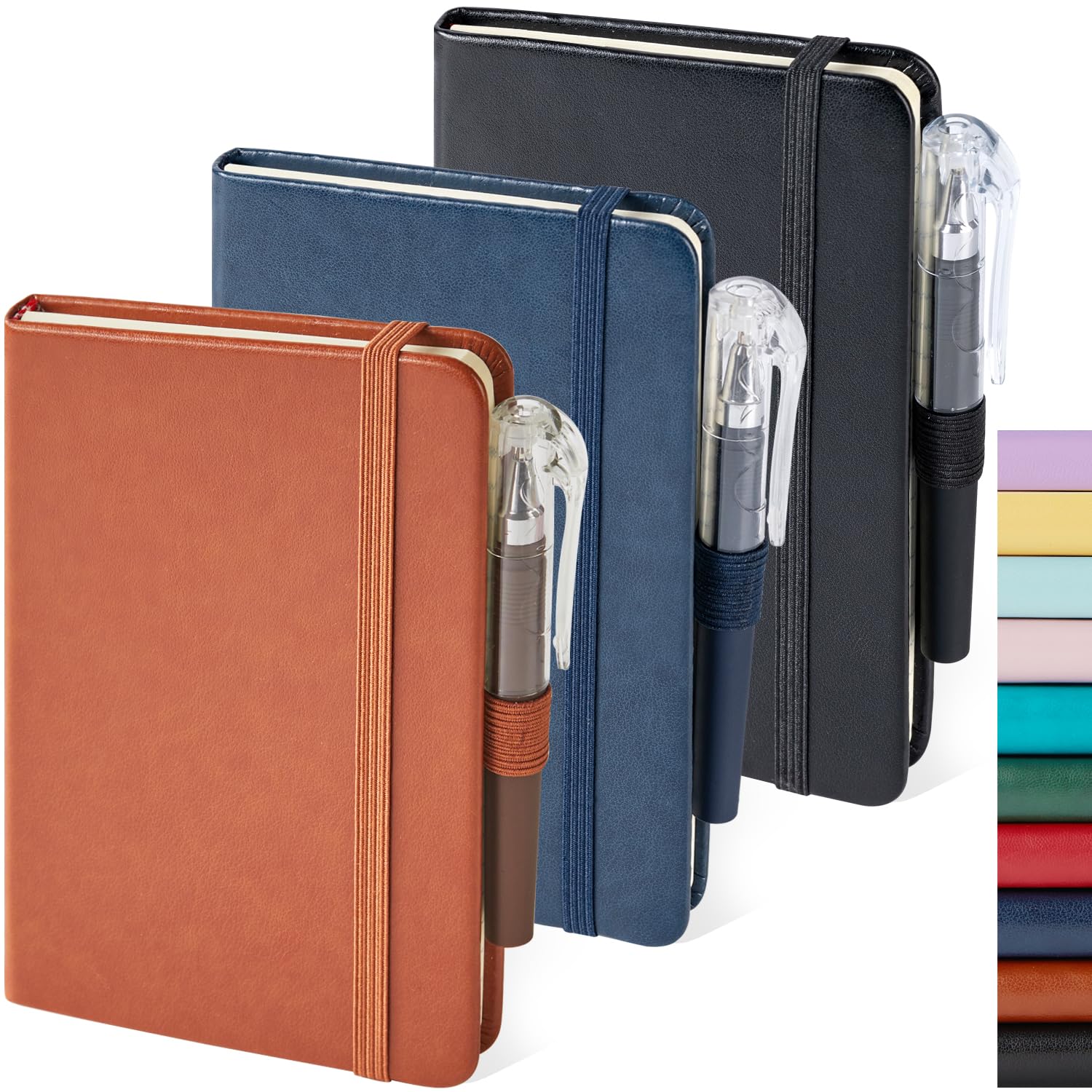 3 Pack Black, Brown, BluePocket Notebook Journals for Note Taking, A6 Mini Note pads with Pen Holder, 408 Lined Pages, |